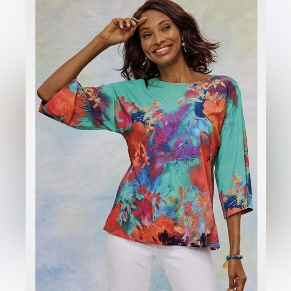 Soft Surroundings Marciana Bright Abstract Sea Reef Colorful Top Women’s Medium - Picture 1 of 4